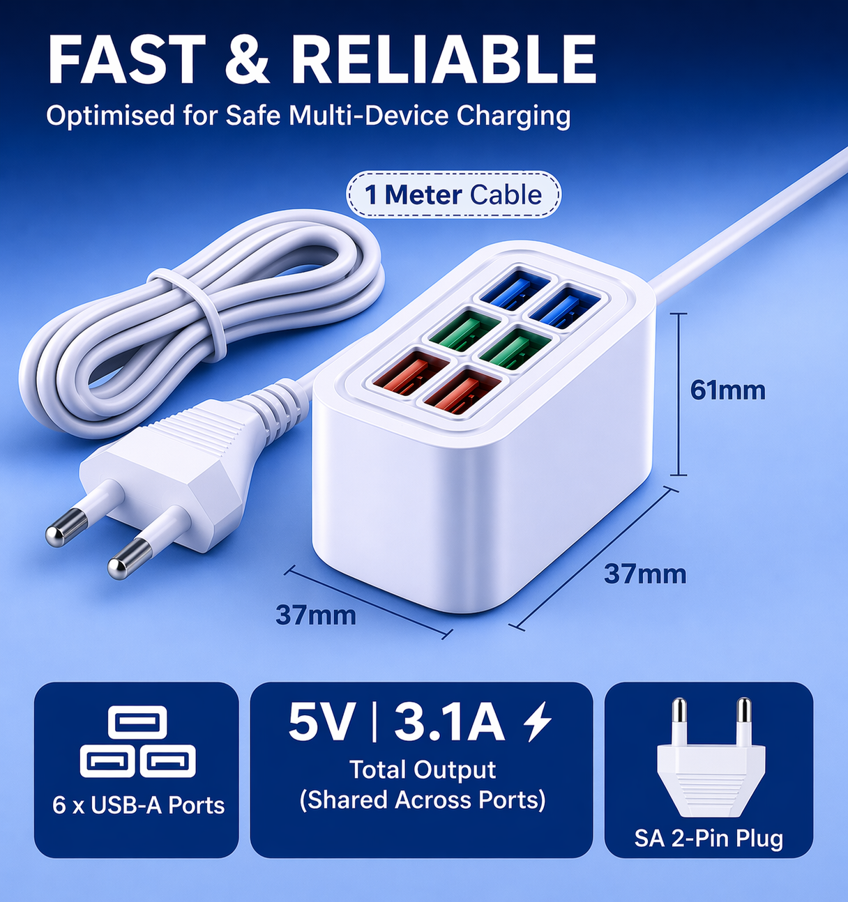NerdMiner Desk Power Hub – 6× USB, 1.0m Cable