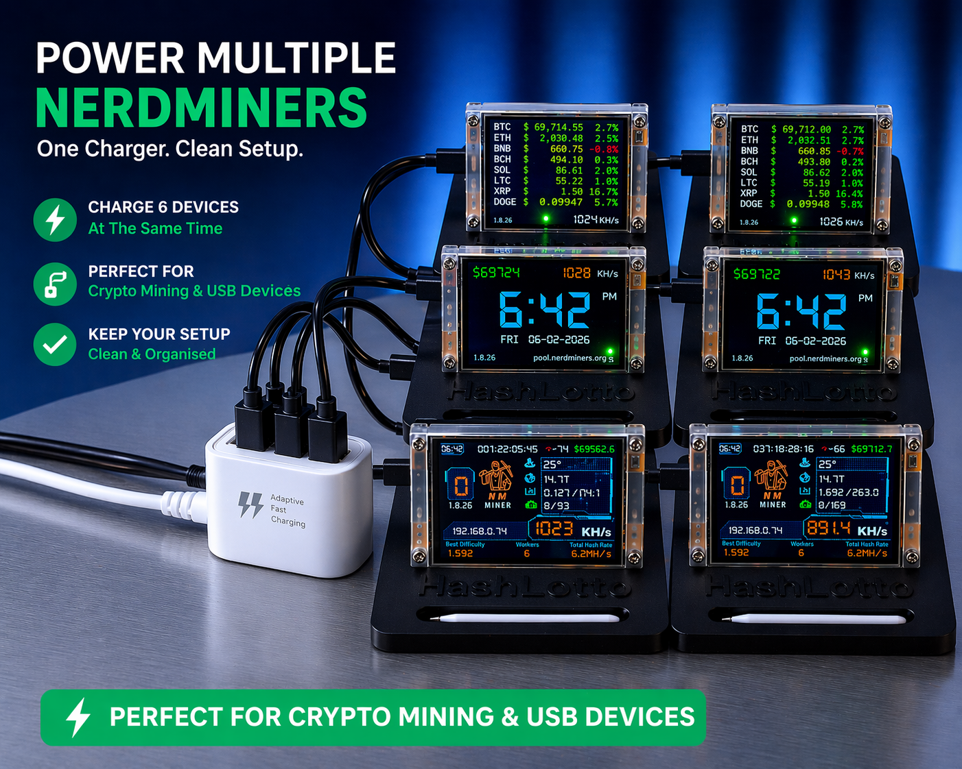 NerdMiner Desk Power Hub – 6× USB, 1.0m Cable