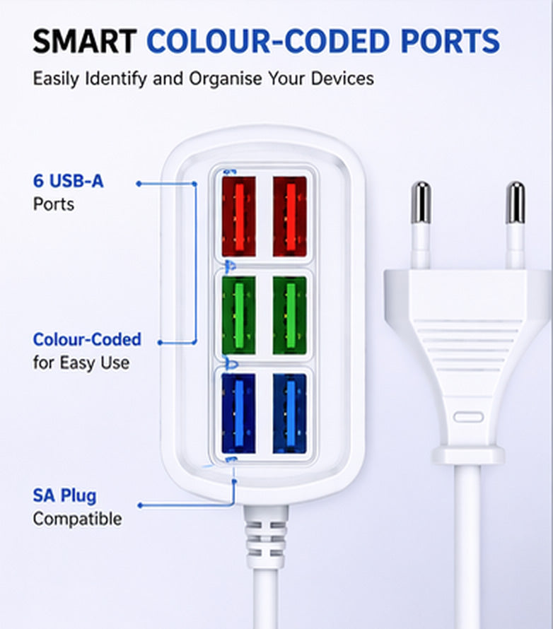 NerdMiner Desk Power Hub – 6× USB, 1.0m Cable